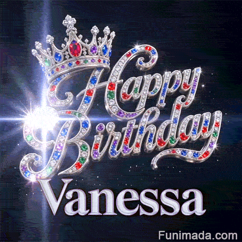 Shimmering animated card with a royal silver crown and crystal lettering on a dark backdrop for Vanessa's celebration.