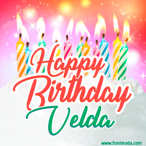Happy Birthday GIF for Velda with Birthday Cake and Lit Candles