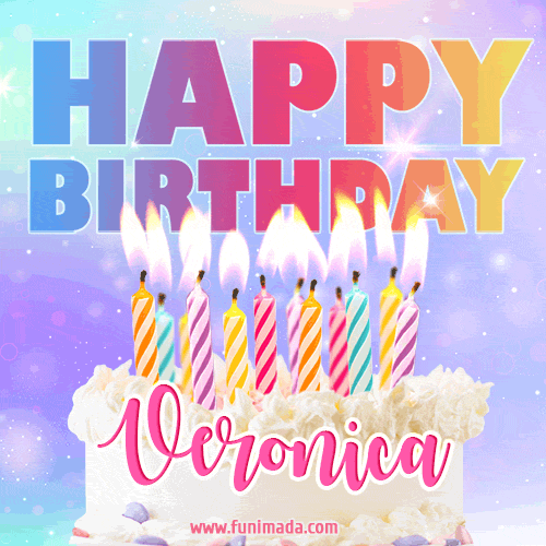 Animated Happy Birthday Cake with Name Veronica and Burning Candles