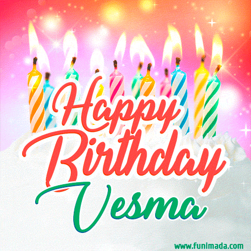 Happy Birthday GIF for Vesma with Birthday Cake and Lit Candles