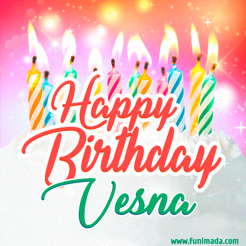 Happy Birthday GIF for Vesna with Birthday Cake and Lit Candles