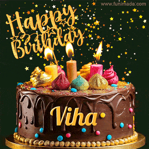 A delightful chocolate birthday cake with bright candles and 'Happy Birthday Viha' written in gold amidst a shower of animated stars.