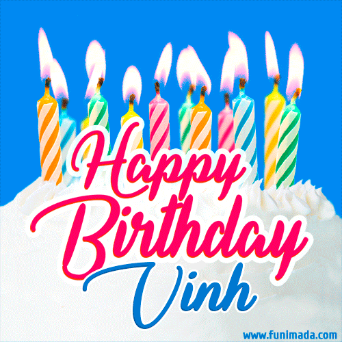 Happy Birthday GIF for Vinh with Birthday Cake and Lit Candles