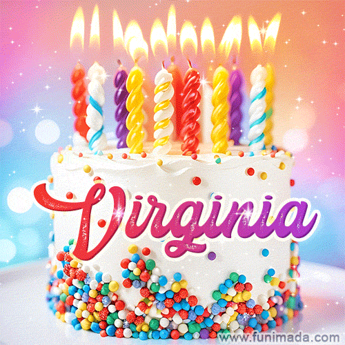 Personalized for Virginia elegant birthday cake adorned with rainbow sprinkles, colorful candles and glitter