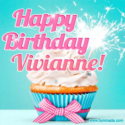 A festive cupcake with pink icing, a gingham bow, and a lit animated sparkler, paired with 'Happy Birthday Vivianne!' in bright pink text.