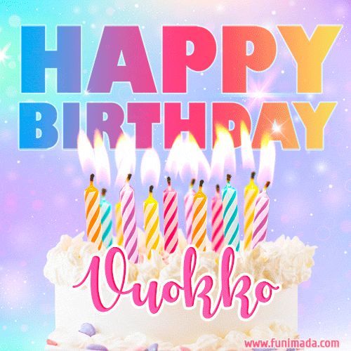 Animated Happy Birthday Cake with Name Vuokko and Burning Candles