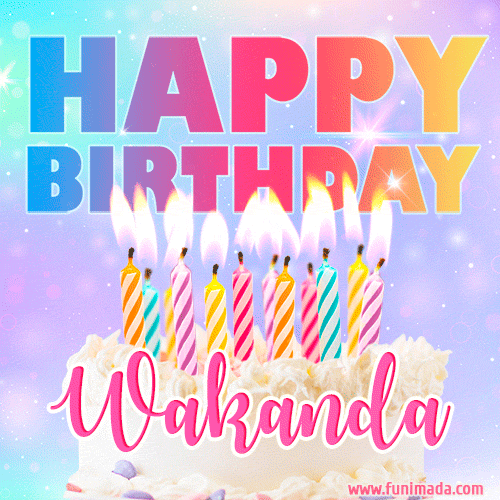 Animated Happy Birthday Cake with Name Wakanda and Burning Candles