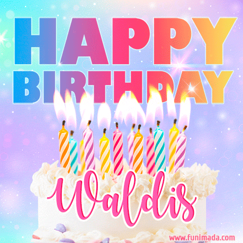 Animated Happy Birthday Cake with Name Waldis and Burning Candles