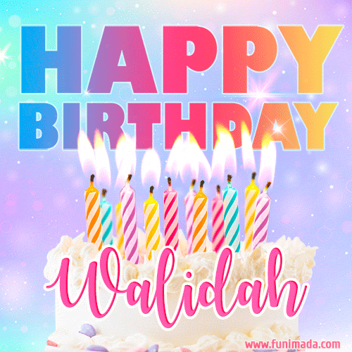 Animated Happy Birthday Cake with Name Walidah and Burning Candles