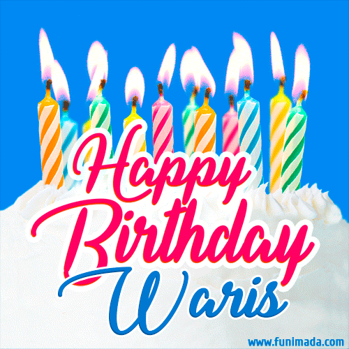 A cheerful animated GIF featuring colorful lit birthday candles on a white cake, with the text 'Happy Birthday Waris' in bold red and blue script on a bright blue background.