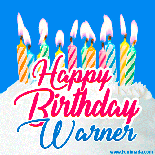 A cheerful animated GIF featuring colorful lit birthday candles on a white cake, with the text 'Happy Birthday Warner' in bold red and blue script on a bright blue background.