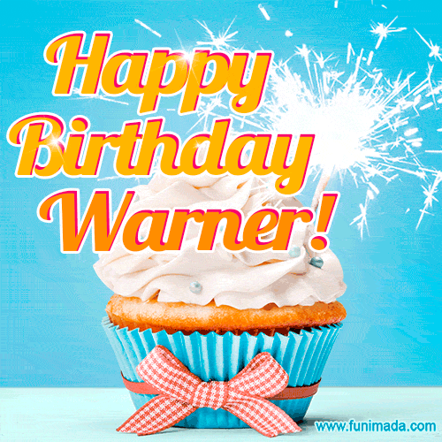 A cheerful animated GIF of a cupcake with creamy frosting, a red checkered ribbon, and a bright sparkler on top. The text 'Happy Birthday Warner!' is displayed in vibrant orange and red.