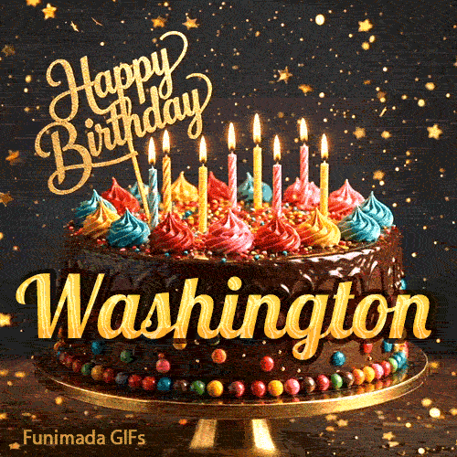A delicious-looking chocolate cake topped with multiple lit candles and a golden Happy Birthday sign, personalized for Washington.