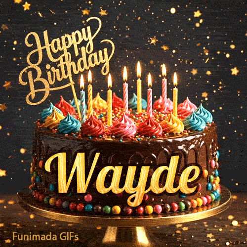 Sparkly golden star background with a detailed chocolate drip cake and the name Wayde on the front.