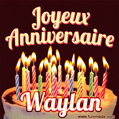 A Happy Birthday GIF in French featuring a festive birthday cake adorned with bright candles and the glowing text 'Joyeux Anniversaire Waylan' in a cheerful style.
