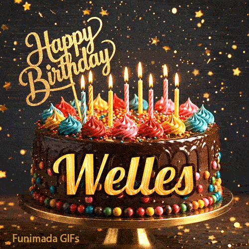 A chocolate frosted birthday cake with the name Welles in yellow script, set against a dark background with golden star sparkles.
