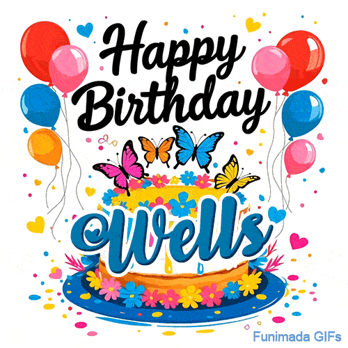 Vibrant balloons and fluttering butterflies on a flower-themed birthday cake animated GIF for Wells.
