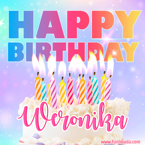 Animated Happy Birthday Cake with Name Weronika and Burning Candles