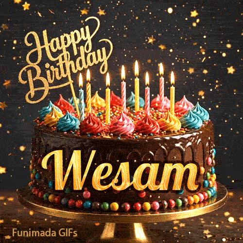 An animated birthday image featuring a rich chocolate cake with colorful cream swirls and the name Wesam written on the front.