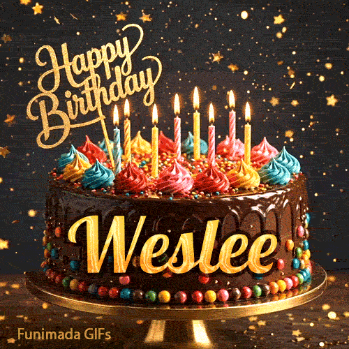 Shimmering gold stars in the background of a chocolate birthday cake with glowing candles, personalized with the name Weslee.