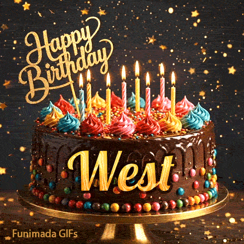 Bright candles flickering on a festive chocolate cake with the name West displayed in golden letters.