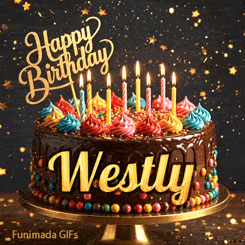 Golden lettering spelling Westly on a rich chocolate birthday cake decorated with rainbow sprinkles.