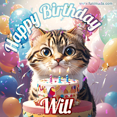 Happy birthday gif for Wil with cat and cake
