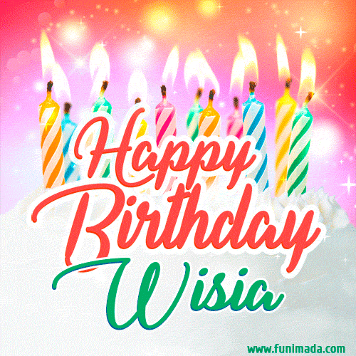 Happy Birthday GIF for Wisia with Birthday Cake and Lit Candles