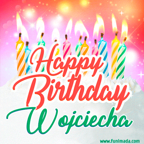 Happy Birthday GIF for Wojciecha with Birthday Cake and Lit Candles