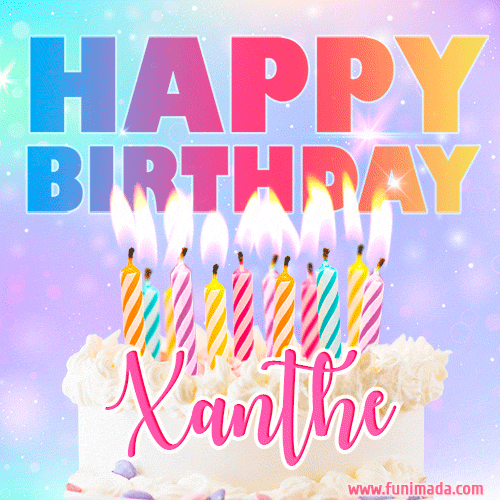 Animated Happy Birthday Cake with Name Xanthe and Burning Candles