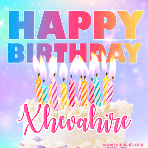 Animated Happy Birthday Cake with Name Xhevahire and Burning Candles