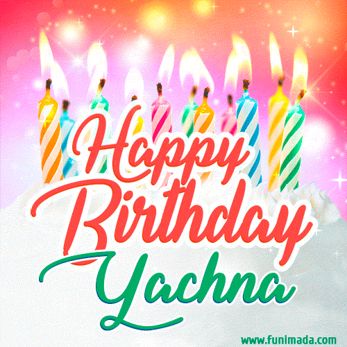Bright birthday candles with rainbow flames on a cake, alongside the text 'Happy Birthday Yachna' in vibrant script in this celebratory animated GIF.