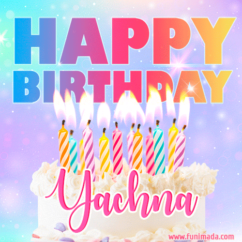 A vibrant animated name GIF with the words 'Happy Birthday Yachna' with colorful candles on a creamy cake. The background sparkles with pastel shades, adding a festive touch.