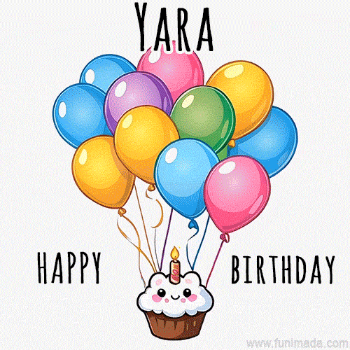 An adorable and cute cupcake with a smiley face and moving colorful balloons create a joyful birthday greeting for Yara in this cheerful animated greeting E-card.