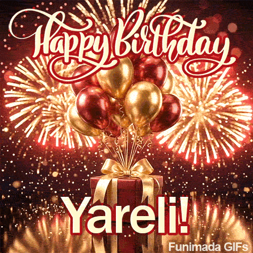 Close-up of gold fireworks exploding in the background of a customized gift box with a golden bow. Visible name: Yareli