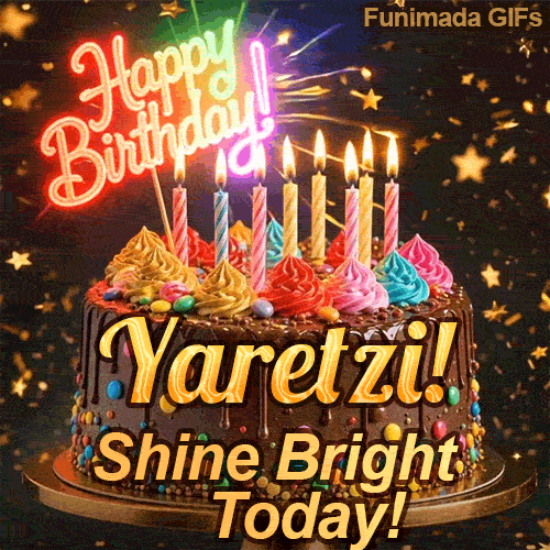 A customized birthday ecard for Yaretzi displaying a rich chocolate cake with a sparkly dark background.