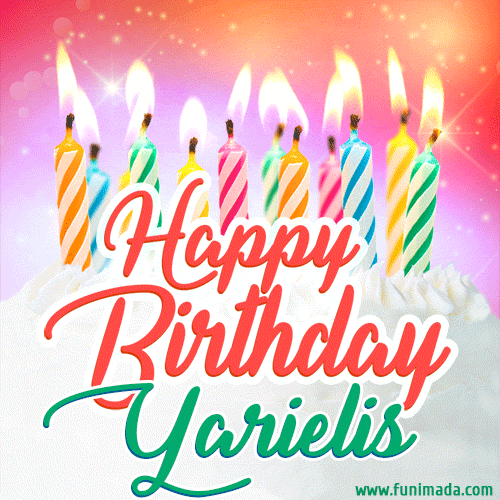 Bright birthday candles with rainbow flames on a cake, alongside the text 'Happy Birthday Yarielis' in vibrant script in this celebratory animated GIF.