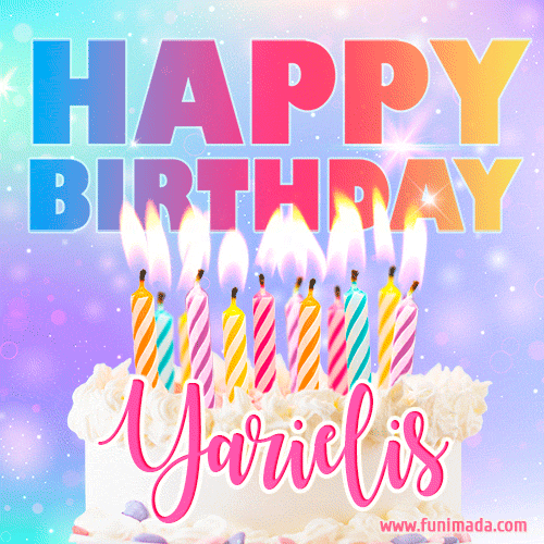 A vibrant animated name GIF with the words 'Happy Birthday Yarielis' with colorful candles on a creamy cake. The background sparkles with pastel shades, adding a festive touch.