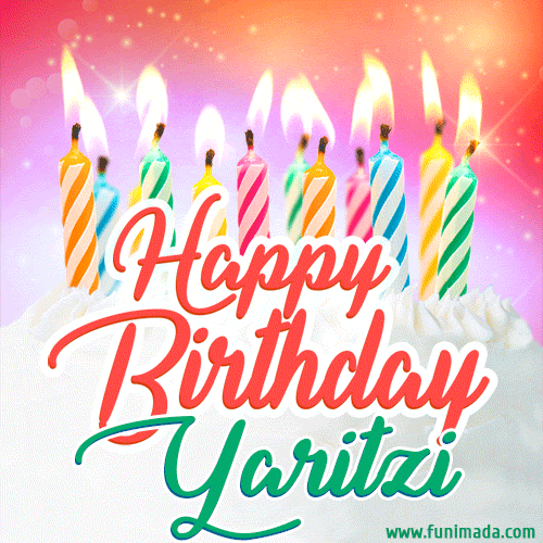 Bright birthday candles with rainbow flames on a cake, alongside the text 'Happy Birthday Yaritzi' in vibrant script in this celebratory animated GIF.