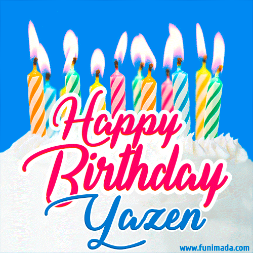 Happy Birthday GIF for Yazen with Birthday Cake and Lit Candles