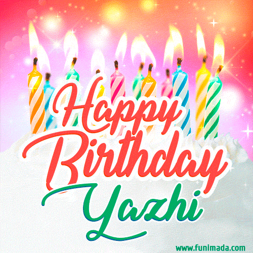 Bright birthday candles with rainbow flames on a cake, alongside the text 'Happy Birthday Yazhi' in vibrant script in this celebratory animated GIF.