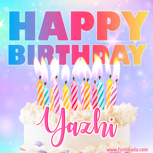 A vibrant animated name GIF with the words 'Happy Birthday Yazhi' with colorful candles on a creamy cake. The background sparkles with pastel shades, adding a festive touch.