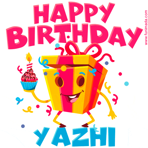 A vibrant and funny gift box character with a happy face dancing with a cupcake and the text 'Happy Birthday Yazhi,' surrounded by animated confetti and party vibes.