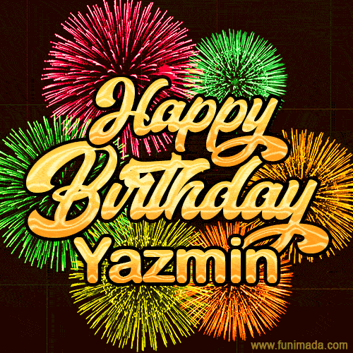 Golden text reading 'Happy Birthday Yazmin' surrounded by vibrant fireworks in red, green, and yellow, set against a dark background in this celebratory birthday GIF.