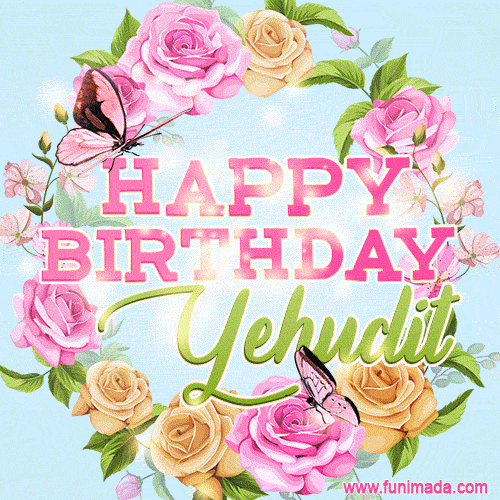 A charming animated GIF featuring 'Happy Birthday Yehudit' in pink and green text, surrounded by delicate roses, leaves, and fluttering butterflies on a soft light blue pastel background.