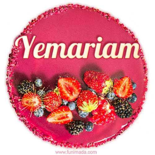 Beautifully decorated red velvet berry birthday cake with vibrant fruits and a glowing 'Yemariam' name, adding a touch of sweetness and sparkle.