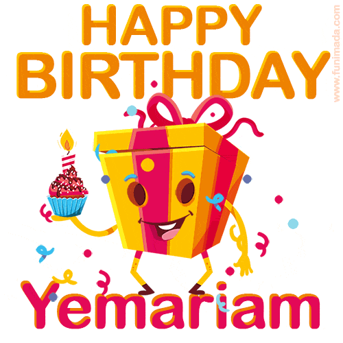 A vibrant and funny gift box character with a happy face dancing with a cupcake and the text 'Happy Birthday Yemariam,' surrounded by animated confetti and party vibes.