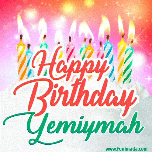 Bright birthday candles with rainbow flames on a cake, alongside the text 'Happy Birthday Yemiymah' in vibrant script in this celebratory animated GIF.