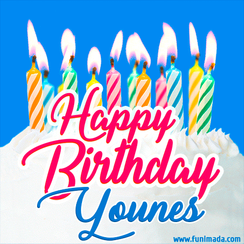 Happy Birthday GIF for Younes with Birthday Cake and Lit Candles