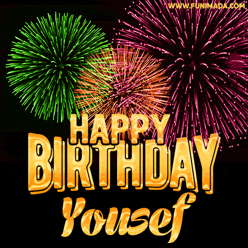 Wishing You A Happy Birthday, Yousef! Best fireworks GIF animated greeting card.